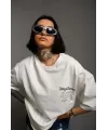 Unisex Bisiklet Yaka Baskılı Oversize T-Shirt - Beyaz