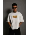 Unisex Bisiklet Yaka Baskılı Oversize T-Shirt - Beyaz