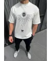 Unisex Bisiklet Yaka Baskılı Oversize T-Shirt - Beyaz