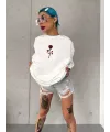 Unisex Bisiklet Yaka Baskılı Oversize T-Shirt - Beyaz