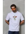 Unisex Bisiklet Yaka Baskılı Oversize T-Shirt - Beyaz