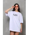 Unisex Bisiklet Yaka Baskılı Oversize T-Shirt - Beyaz