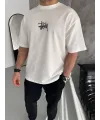 Unisex Bisiklet Yaka Baskılı Oversize T-Shirt - Beyaz