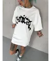 Unisex Bisiklet Yaka Baskılı Oversize T-Shirt - Beyaz