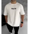 Unisex Bisiklet Yaka Baskılı Oversize T-Shirt - Beyaz