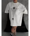Unisex Bisiklet Yaka Baskılı Oversize T-Shirt - Beyaz