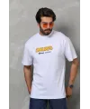 Unisex Bisiklet Yaka Baskılı Oversize T-Shirt - Beyaz