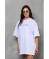 Unisex Bisiklet Yaka Baskılı Oversize T-Shirt - Beyaz