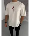 Unisex Bisiklet Yaka Baskılı Oversize T-Shirt - Beyaz