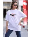 Unisex Bisiklet Yaka Baskılı Oversize T-Shirt - Beyaz