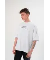 Unisex Bisiklet Yaka Baskılı Oversize T-Shirt - Beyaz