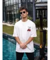 Unisex Bisiklet Yaka Baskılı Oversize T-Shirt - Beyaz