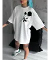 Unisex Bisiklet Yaka Baskılı Oversize T-Shirt - Beyaz