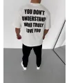 Unisex Bisiklet Yaka Baskılı Oversize T-Shirt - Beyaz