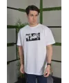 Unisex Bisiklet Yaka Baskılı Oversize T-Shirt - Beyaz