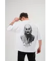 Unisex Bisiklet Yaka Baskılı Oversize T-Shirt - Beyaz