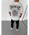 Unisex Bisiklet Yaka Baskılı Oversize T-Shirt - Beyaz