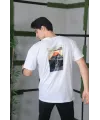 Unisex Bisiklet Yaka Baskılı Oversize T-Shirt - Beyaz
