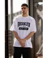 Unisex Bisiklet Yaka Baskılı Oversize T-Shirt - Beyaz