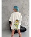 Unisex Bisiklet Yaka Baskılı Oversize T-Shirt - Beyaz