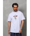 Unisex Bisiklet Yaka Baskılı Oversize T-Shirt - Beyaz