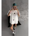 Unisex Bisiklet Yaka Baskılı Oversize T-Shirt - Beyaz