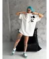 Unisex Bisiklet Yaka Baskılı Oversize T-Shirt - Beyaz