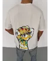 Unisex Bisiklet Yaka Baskılı Oversize T-Shirt - Beyaz