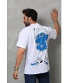 Unisex Bisiklet Yaka Baskılı Oversize T-Shirt - Beyaz