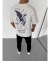 Unisex Bisiklet Yaka Baskılı Oversize T-Shirt - Beyaz