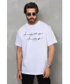 Unisex Bisiklet Yaka Baskılı Oversize T-Shirt - Beyaz