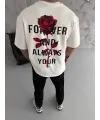 Unisex Bisiklet Yaka Baskılı Oversize T-Shirt - Beyaz