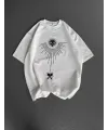 Unisex Bisiklet Yaka Baskılı Oversize T-Shirt - Beyaz