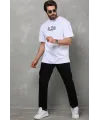Unisex Bisiklet Yaka Baskılı Oversize T-Shirt - Beyaz
