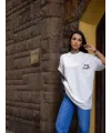 Unisex Bisiklet Yaka Baskılı Oversize T-Shirt - Beyaz