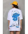 Unisex Bisiklet Yaka Baskılı Oversize T-Shirt - Beyaz