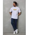 Unisex Bisiklet Yaka Baskılı Oversize T-Shirt - Beyaz