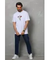 Unisex Bisiklet Yaka Baskılı Oversize T-Shirt - Beyaz