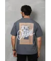 Unisex Bisiklet Yaka Baskılı Oversize T-Shirt - Füme