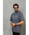 Unisex Bisiklet Yaka Baskılı Oversize T-Shirt - Füme