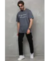 Unisex Bisiklet Yaka Baskılı Oversize T-Shirt - Füme