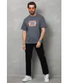 Unisex Bisiklet Yaka Baskılı Oversize T-Shirt - Füme