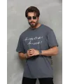 Unisex Bisiklet Yaka Baskılı Oversize T-Shirt - Füme