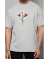 Unisex Bisiklet Yaka Baskılı Oversize T-Shirt - Gri
