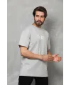 Unisex Bisiklet Yaka Baskılı Oversize T-Shirt - Gri