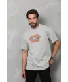 Unisex Bisiklet Yaka Baskılı Oversize T-Shirt - Gri