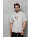 Unisex Bisiklet Yaka Baskılı Oversize T-Shirt - Gri