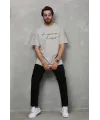 Unisex Bisiklet Yaka Baskılı Oversize T-Shirt - Gri
