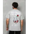 Unisex Bisiklet Yaka Baskılı Oversize T-Shirt - Gri