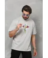 Unisex Bisiklet Yaka Baskılı Oversize T-Shirt - Gri